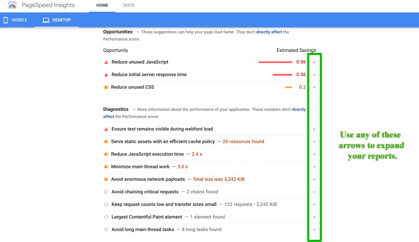 Google PageSpeed Insights example