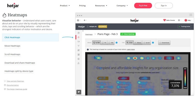 Hotjar heatmaps and clickmaps
