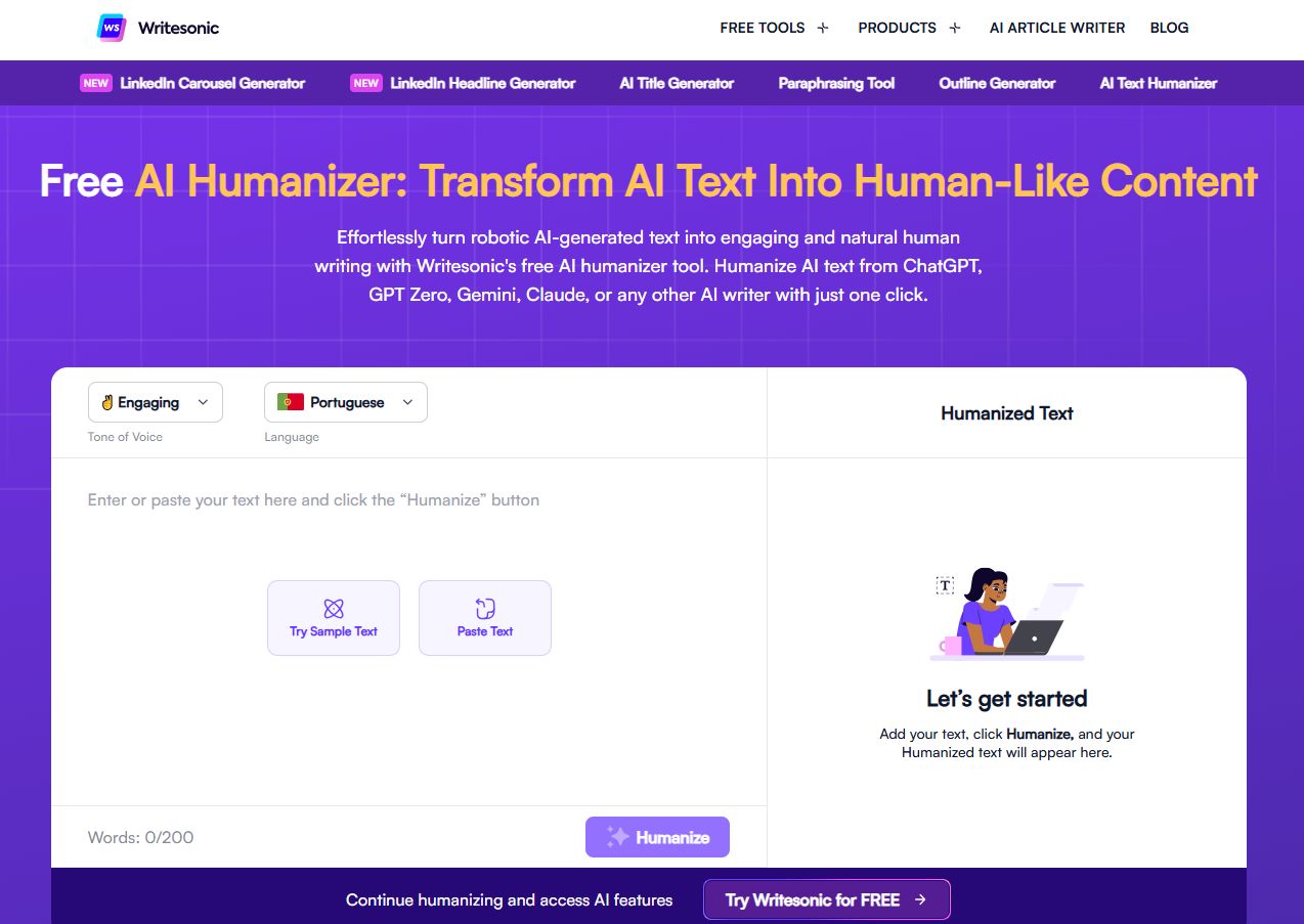 pagina-de-humanizacao-de-texto-da-writesonic