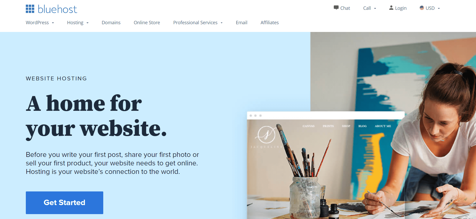 Bluehost main page overview