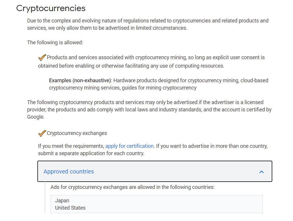 Cryptocurrency advertising regulations by Google