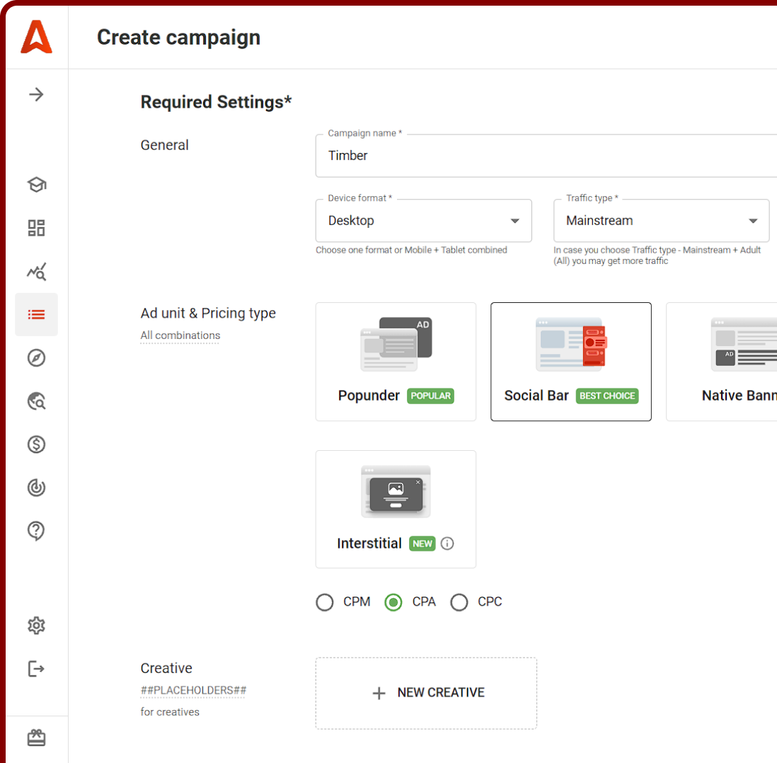 Create campaigns with Adsterra