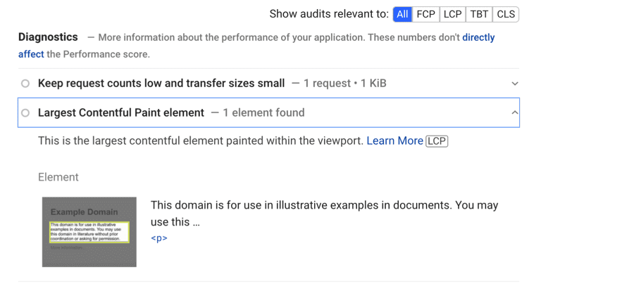 Google PageSpeed Insights diagnostics section