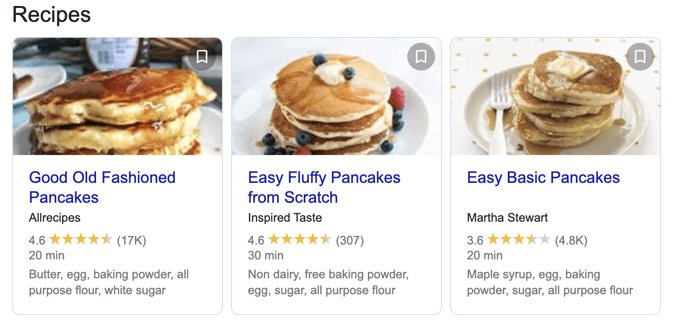 Google search results for pancake recipes