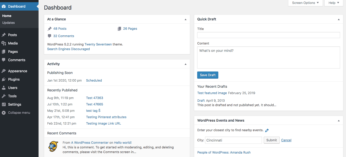 admin dashboard WordPress