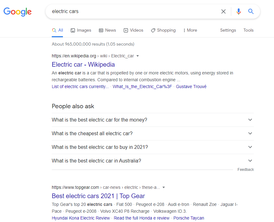 Google search results for electric cars
