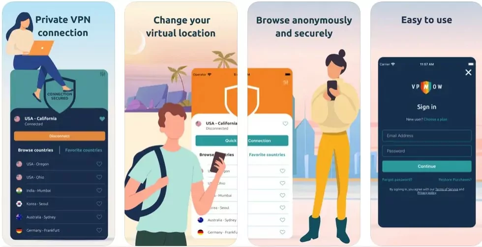 ilustraciones-de-una-chica-con-notebook-un-chico-con-celular-y-una-chica-con-celular-características-de-VPNow-en-letras-grandes