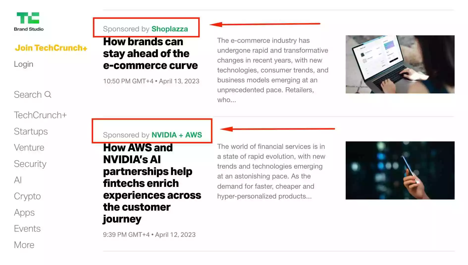 Postagens patrocinadas no TechCrunch