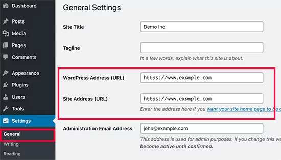 WordPress admin panel general settings - site address