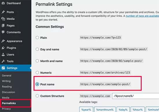 WordPress admin panel permalinks settings - post name